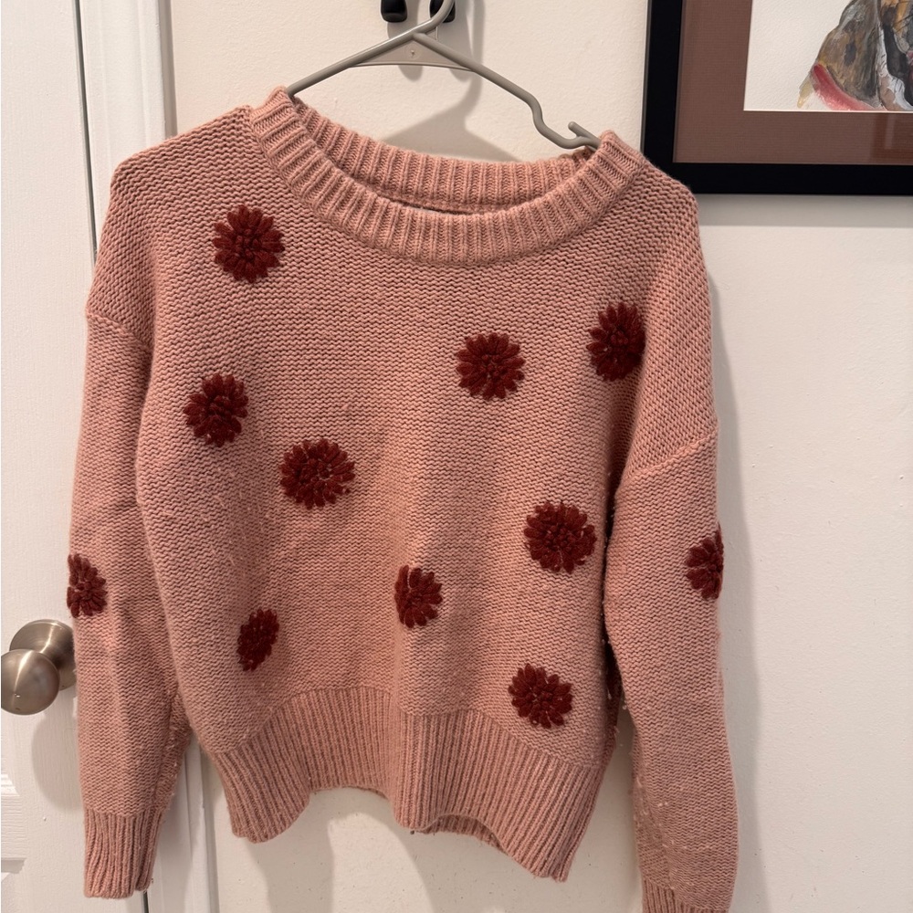 Madewell Pink and Red Crew Neck Sweater with Pom-Pom Details - Picture 2 of 7